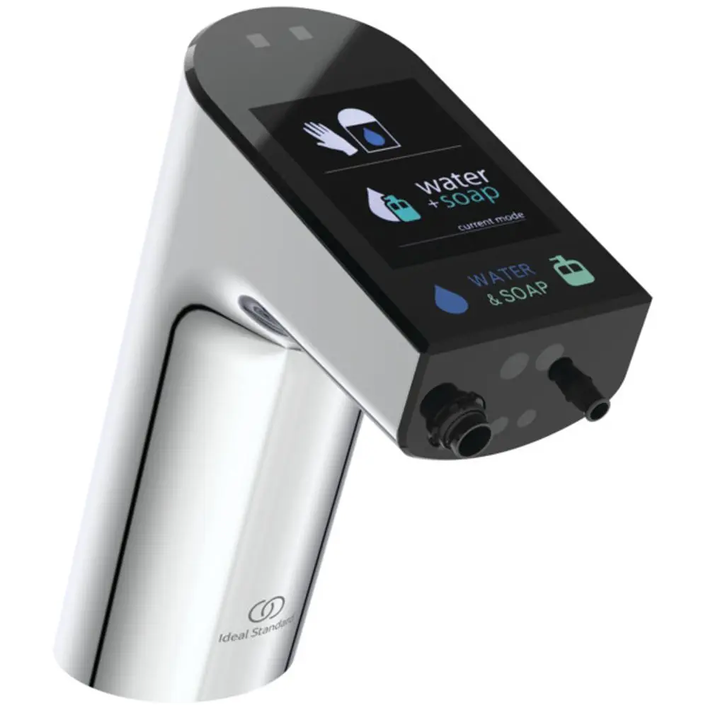 Sensorarmatur mit Berührungserkennung, ausgestattet mit einer digitalen Anzeige für Wasser und Seife. Aus Chrom gefertigt. Produkt von Ideal Standard.